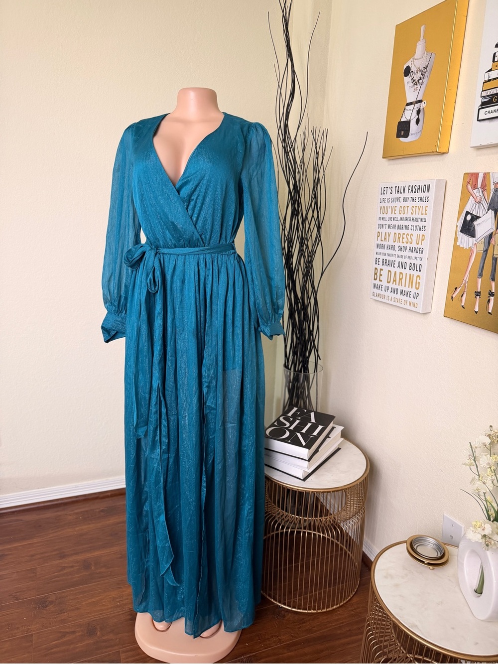 Miss Avenue Teal Long Sleeve Wrap Maxi Dress